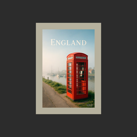 Affiche SP0152 Cabine téléphonique en Angleterre à Rye Harbour au printemps, design avec marge couleur.