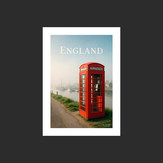 Affiche SP0152 Cabine téléphonique en Angleterre à Rye Harbour au printemps, design avec marge blanche.