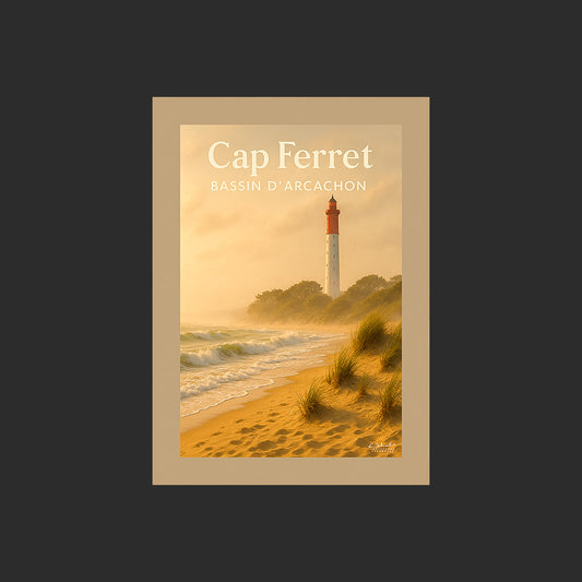 Affiche SP0154 Le phare et les dunes du Cap Ferret au couchant au printemps, design avec marge couleur.