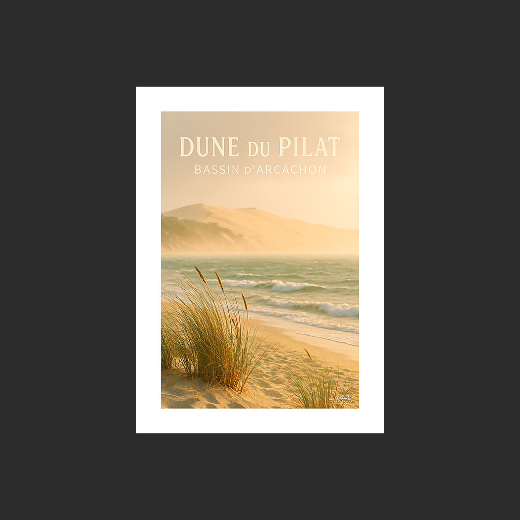 Affiche SP0155 La Dune du Pilat et le Bassin d'Arcachon au couchant au printemps, design avec marge blanche.