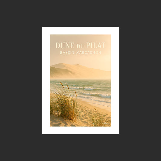 Affiche SP0155 La Dune du Pilat et le Bassin d'Arcachon au couchant au printemps, design avec marge blanche.