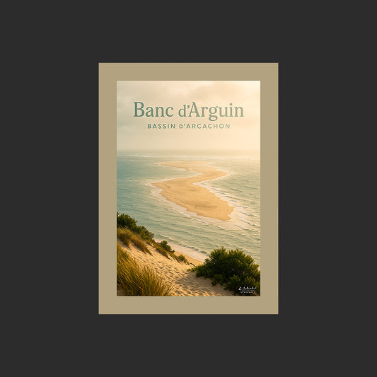 Affiche SP0156 Le Banc d'Arguin et le Bassin d'Arcachon au couchant au printemps, design avec marge couleur.