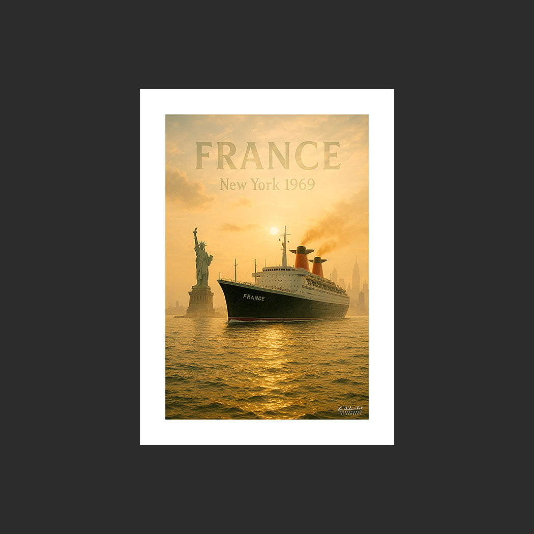Affiche SP0162 Le paquebot France devant la statue de la Liberté à New York, design avec marge blanche.