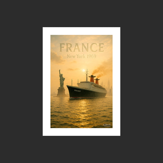 Affiche SP0162 Le paquebot France devant la statue de la Liberté à New York, design avec marge blanche.