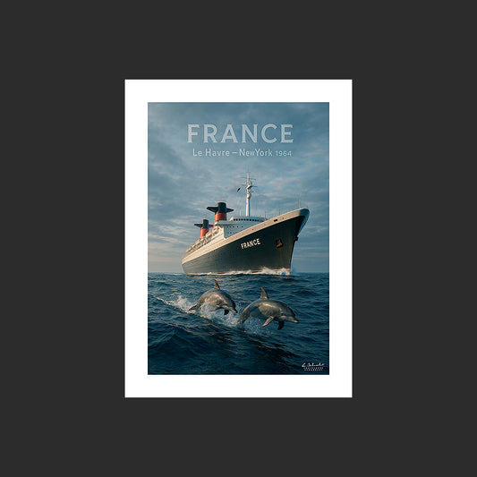 Affiche SP0163 Le paquebot France et des dauphins dans l'Atlantique, design avec marge blanche.