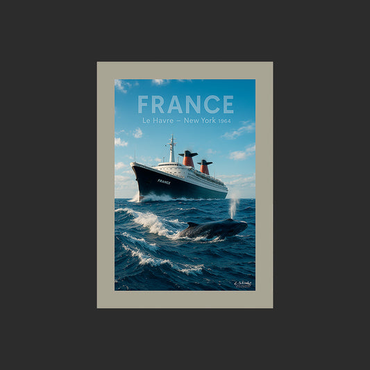Affiche SP0164 Le paquebot France et une baleine dans l'Atlantique, design avec marge couleur.