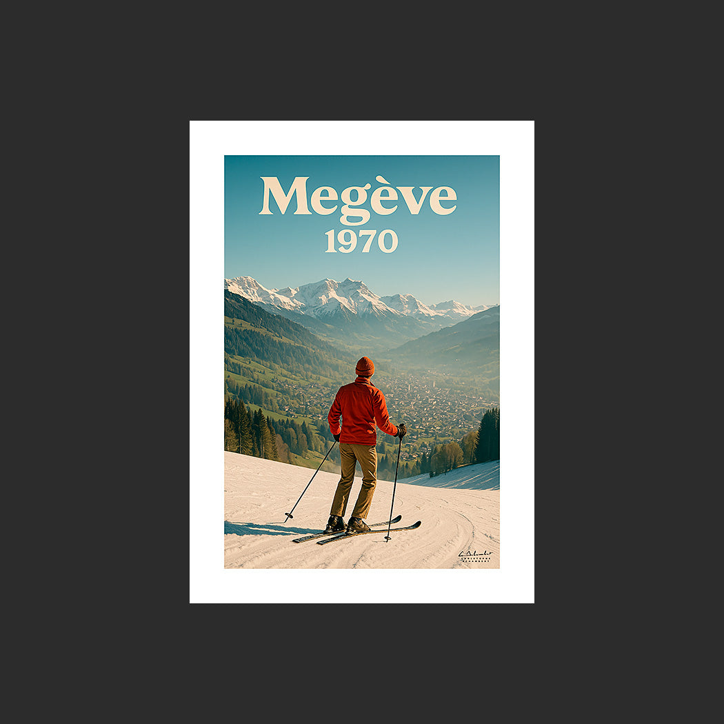 Affiche SP0165 Un skieur sur une piste de Megève en 1970, design avec marge blanche.