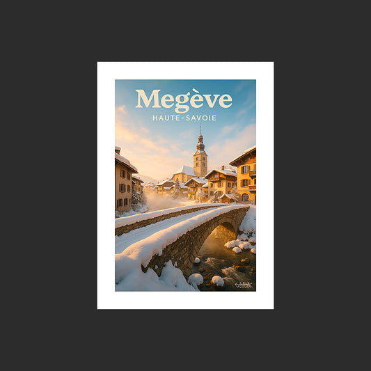 Affiche SP0166 La station de ski de Megève en Haute-Savoie en hiver au couchant, design avec marge blanche.
