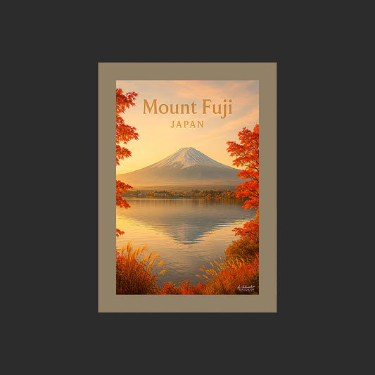 Affiche SP0168 Le Mont Fuji au Japon en automne au couchant, design avec marge couleur.