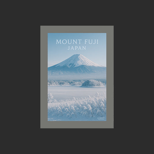 Affiche SP0169 Le Mont Fuji au Japon en hiver sous la neige et le givre, design avec marge couleur.