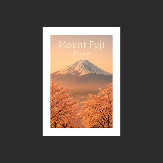 Affiche SP0170 Le Mont Fuji au Japon avec des cerisiers au printemps, design avec marge blanche.