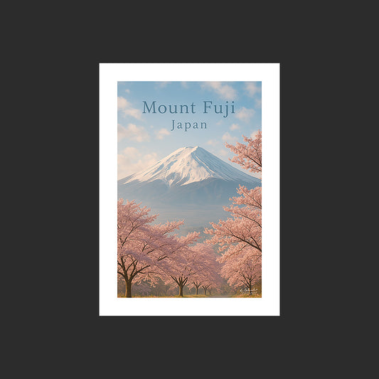 Affiche SP0171 Le Mont Fuji au Japon avec des cerisiers en fleurs un matin de printemps, design avec marge blanche.