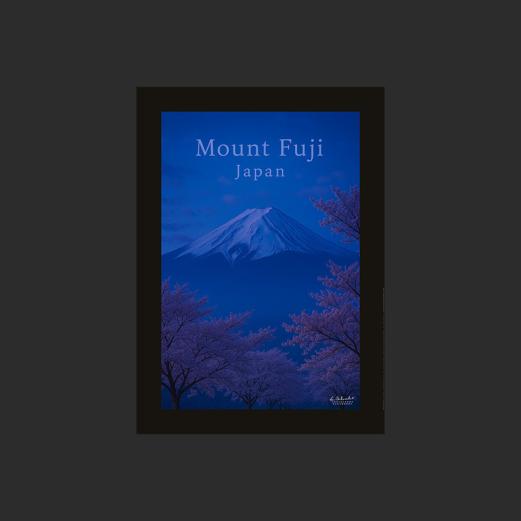 Affiche SP0172 Le Mont Fuji au Japon avec des cerisiers à l'heure bleue, design avec marge couleur.