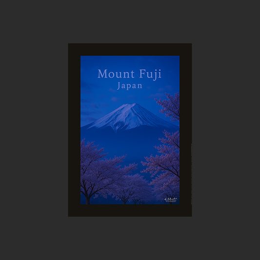 Affiche SP0172 Le Mont Fuji au Japon avec des cerisiers à l'heure bleue, design avec marge couleur.