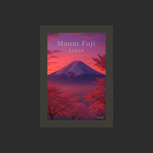 Affiche SP0173 Le Mont Fuji au Japon avec un coucher de soleil flamboyant, design avec marge couleur.