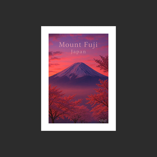Affiche SP0173 Le Mont Fuji au Japon avec un coucher de soleil flamboyant, design avec marge blanche.