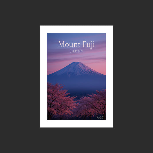 Affiche SP0174 Le Mont Fuji au Japon avec les cerisiers au couchant, design avec marge blanche.