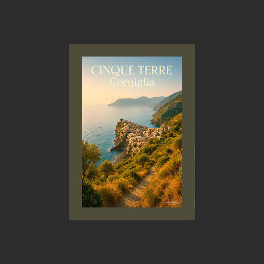Affiche SP0180 Cinque Terre Corniglia depuis les collines en été, design avec marge couleur.