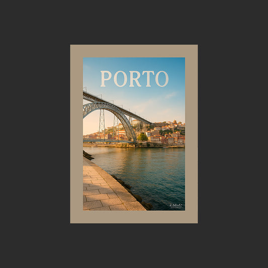 Affiche SP0190 Porto Pont Dom-Luis sur le Douro au Portugal au couchant, design avec marge couleur.