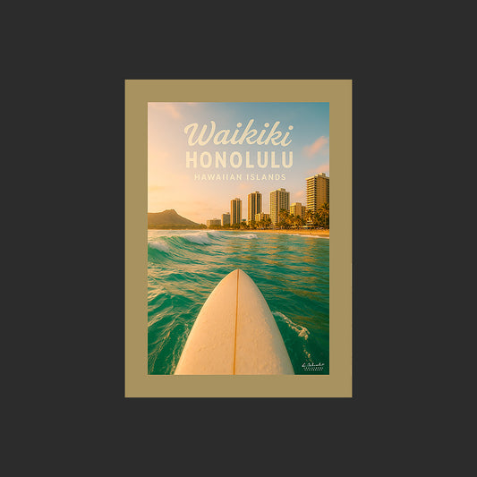 Affiche SP0192 Waikiki Honolulu Hawaï surf devant la plage en été au couchant, design avec marge couleur.