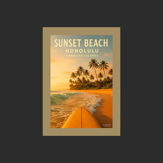 Affiche SP0193 Sunset Beach Honolulu Hawaï surf sur la plage en été au couchant, design avec marge couleur.
