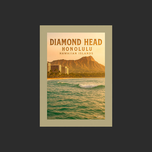 Affiche SP0194 Diamond Head Honolulu Hawaï depuis la mer en été au couchant, design avec marge couleur.