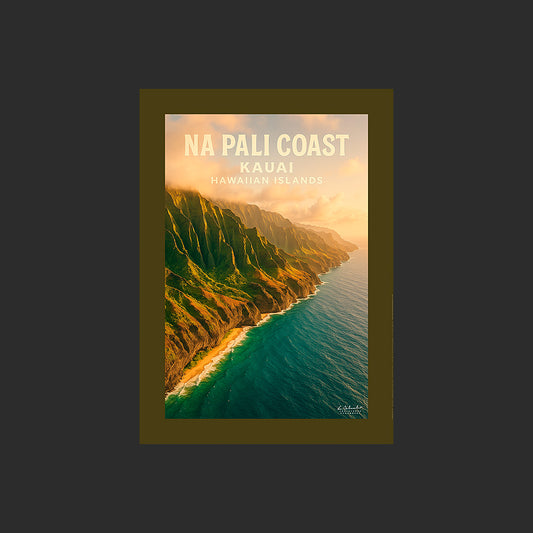 Affiche SP0195 Na Pali Coast Kauai Hawaï depuis la mer en été au couchant, design avec marge couleur.