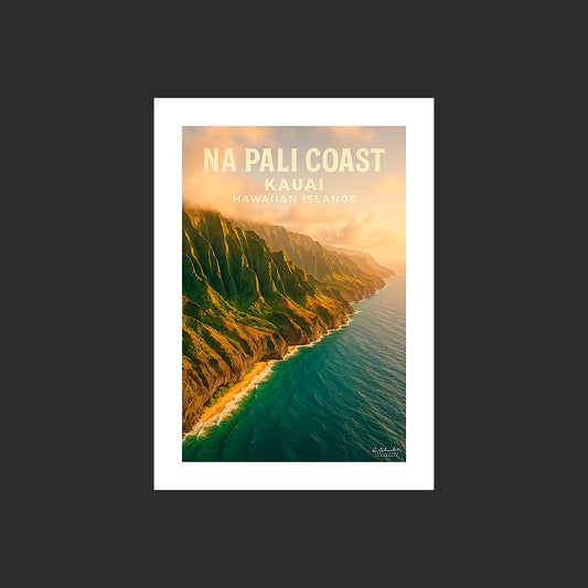 Affiche SP0195 Na Pali Coast Kauai Hawaï depuis la mer en été au couchant, design avec marge blanche.