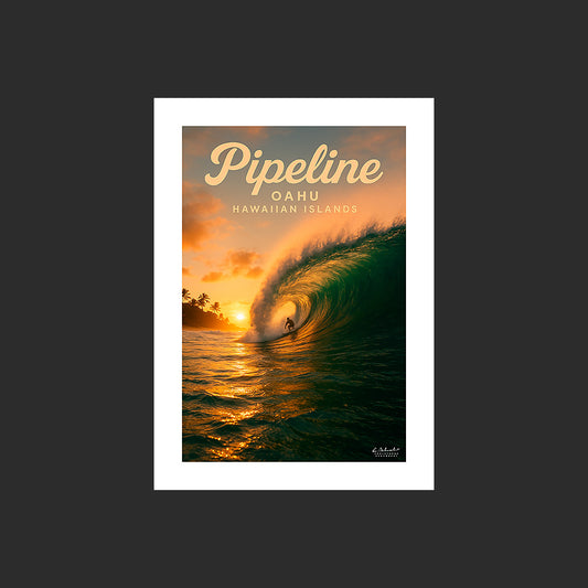 Affiche SP0197 Pipeline Oahu Hawaï surfeur en été au soleil couchant, design avec marge blanche.