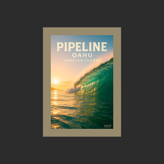 Affiche SP0198 Pipeline Oahu Hawaï vague en rouleau en été au couchant, design avec marge couleur.