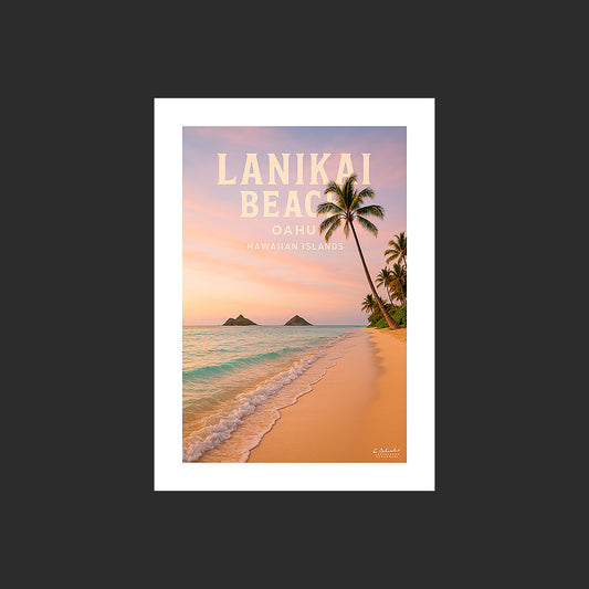 Affiche SP0199 Lanikai Beach Oahu Hawaï plage et palmiers au soleil couchant, design avec marge blanche.