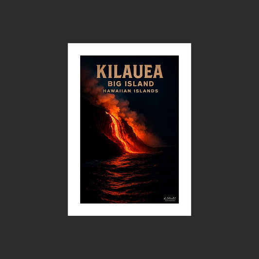 Affiche SP0201 Kilauea Big Island Hawaï coulée de lave la nuit, design avec marge blanche.