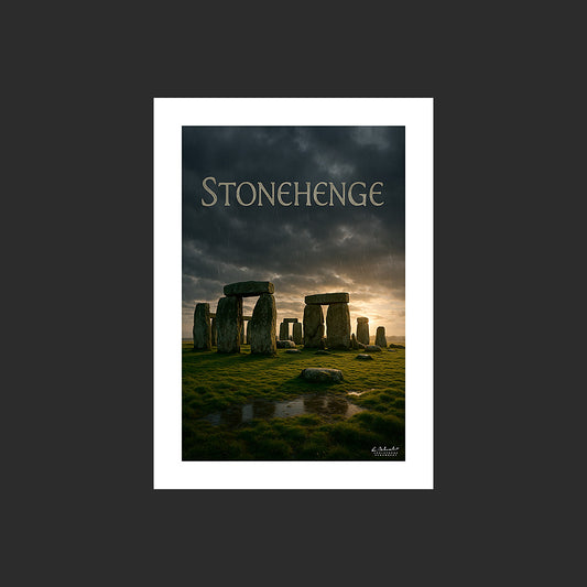 Affiche SP0206 Stonehenge en Angleterre équinoxe d'automne au couchant, design avec marge blanche.
