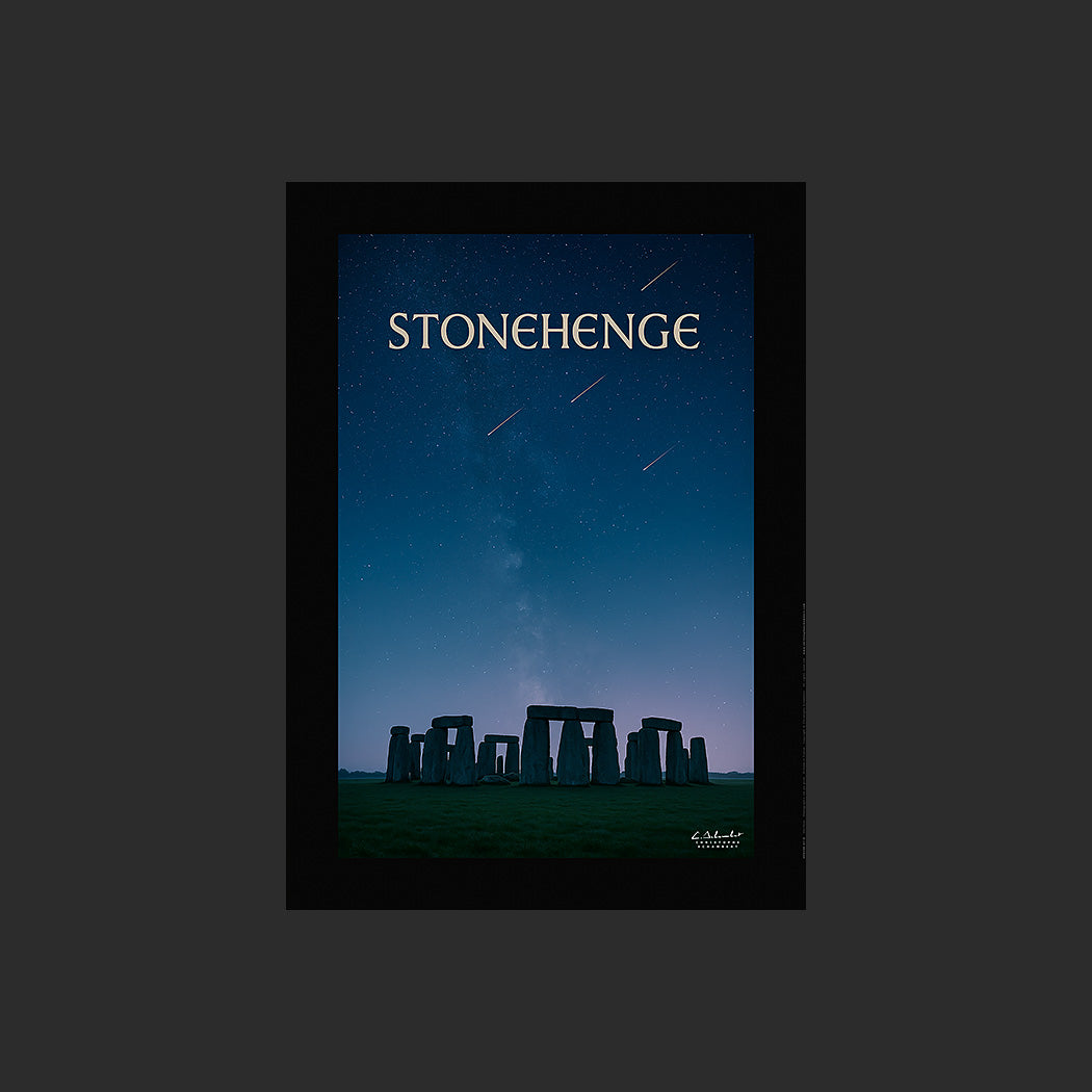 Affiche SP0209 Stonehenge en Angleterre étoiles filantes et nuit d'équinoxe, design avec marge couleur.