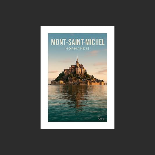 Affiche SP0210 Le Mont-Saint-Michel comme une île à marée haute, design avec marge blanche.