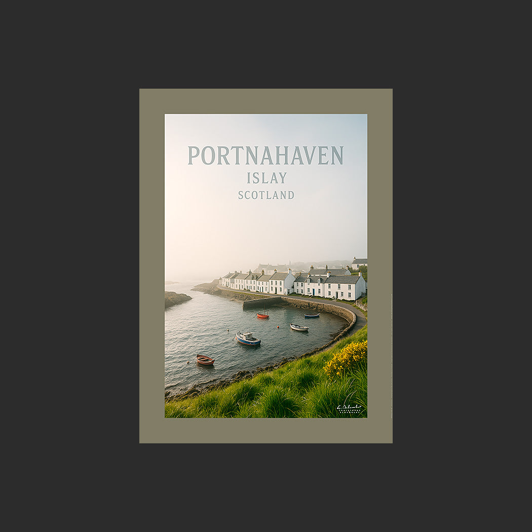 Affiche SP0211 Portnahaven sur l'île d'Islay en Ecosse au printemps, design avec marge couleur.
