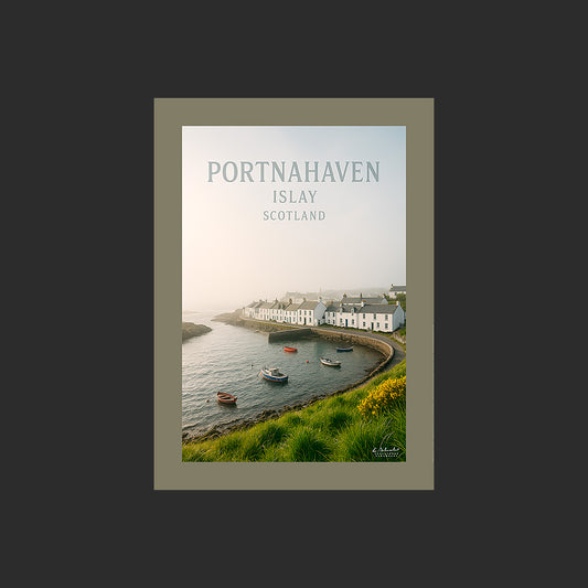 Affiche SP0211 Portnahaven sur l'île d'Islay en Ecosse au printemps, design avec marge couleur.