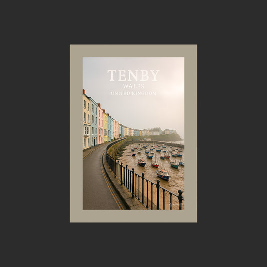 Affiche SP0213 Le port de Tenby au Pays de Galles un matin en été, design avec marge couleur.