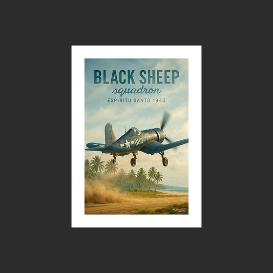 Affiche SP0214 Avion de chasse F4U Corsair sur Espiritu Santo au décollage, design avec marge blanche.