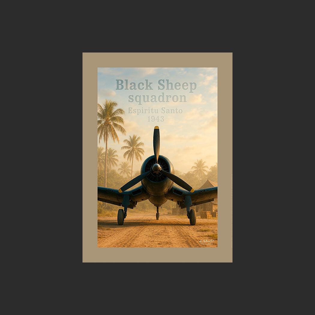 Affiche SP0215 Avion de chasse F4U Corsair posé sur Espiritu Santo, design avec marge couleur.