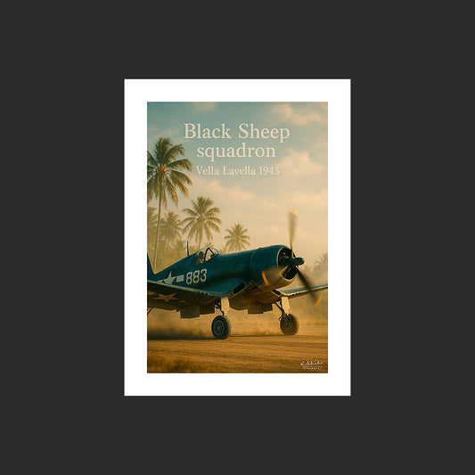 Affiche SP0216 Avion de chasse F4U Corsair sur Vella Lavella en bout de piste, design avec marge blanche.