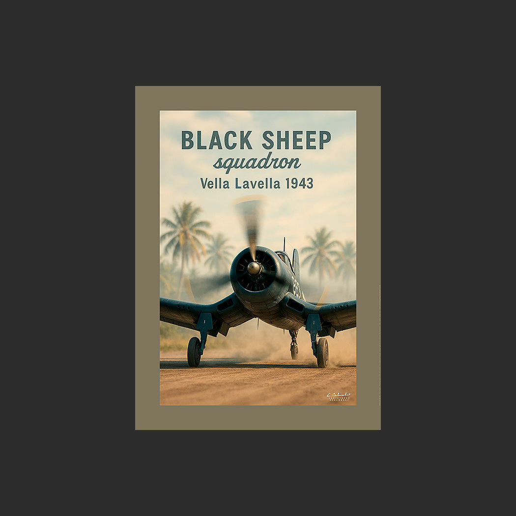 Affiche SP0217 Avion de chasse F4U Corsair sur Vella Lavella au décollage, design avec marge couleur.