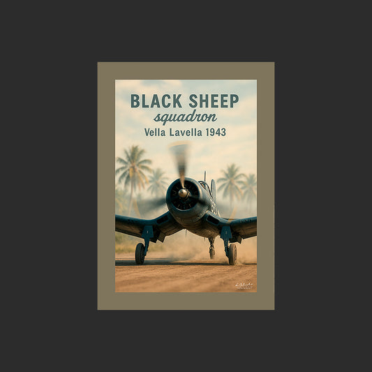 Affiche SP0217 Avion de chasse F4U Corsair sur Vella Lavella au décollage, design avec marge couleur.