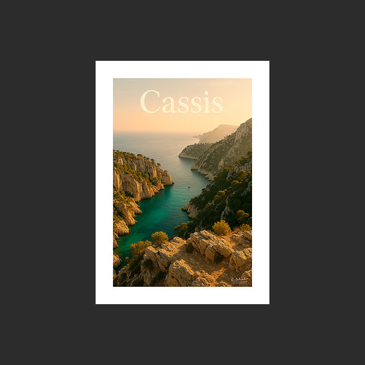 Affiche SP0219 Les calanques de Cassis sur la Côte d'Azur en été au couchant, design avec marge blanche.