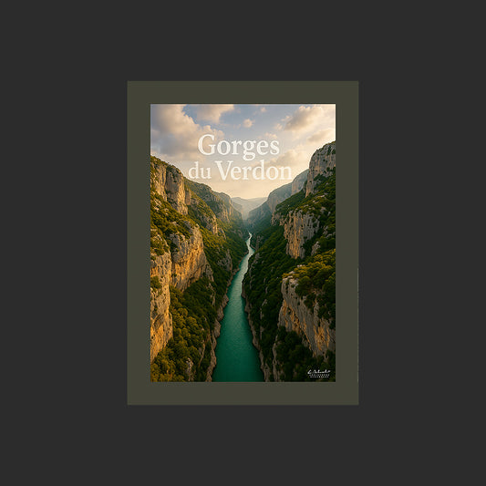 Affiche SP0222 Les falaises du canyon du Verdon en Provence en été, design avec marge couleur.