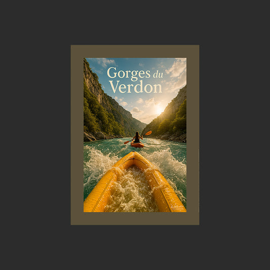 Affiche SP0225 Descente en duo en kayak sur le Verdon en Provence en été, design avec marge couleur.