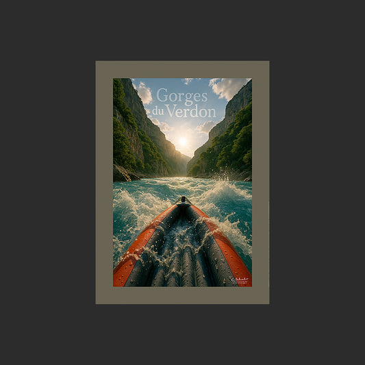 Affiche SP0226 Kayak sur le Verdon en eaux vives en Provence en été, design avec marge couleur.