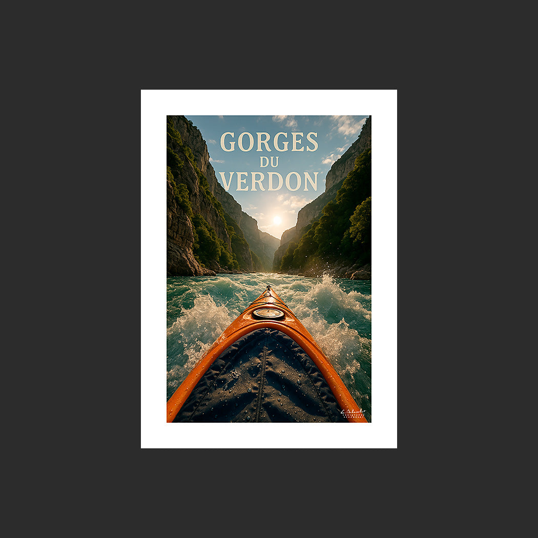 Affiche SP0227 Les eaux vives du Verdon depuis un kayak en Provence en été, design avec marge blanche.