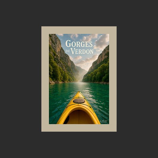 Affiche SP0228 Un kayak jaune dans les gorges du Verdon en Provence en été, design avec marge couleur.