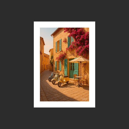 Affiche SP0230 Trois Vespa à Saint-Tropez devant un café en été, design avec marge blanche.